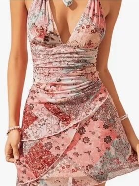 Pink Floral Patchwork Halter Dress